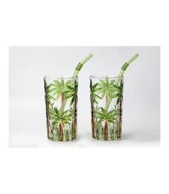 Set De Mojito 2 Vaso Pintado A Mano Palmeras Pajitas Love&home